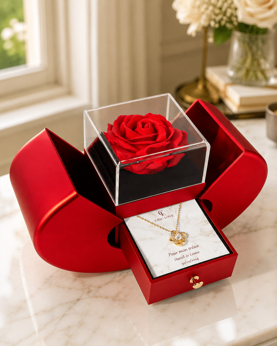 Coffret Deluxe Rose Éternelle & Collier personnalisé