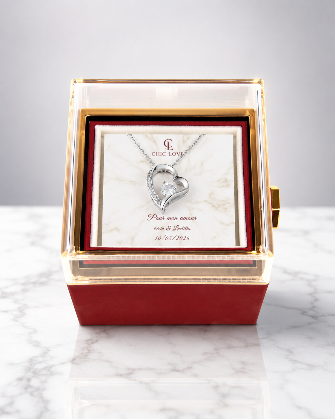 Coffret Rose Rotatif – Collier Amour Éternel personnalisé