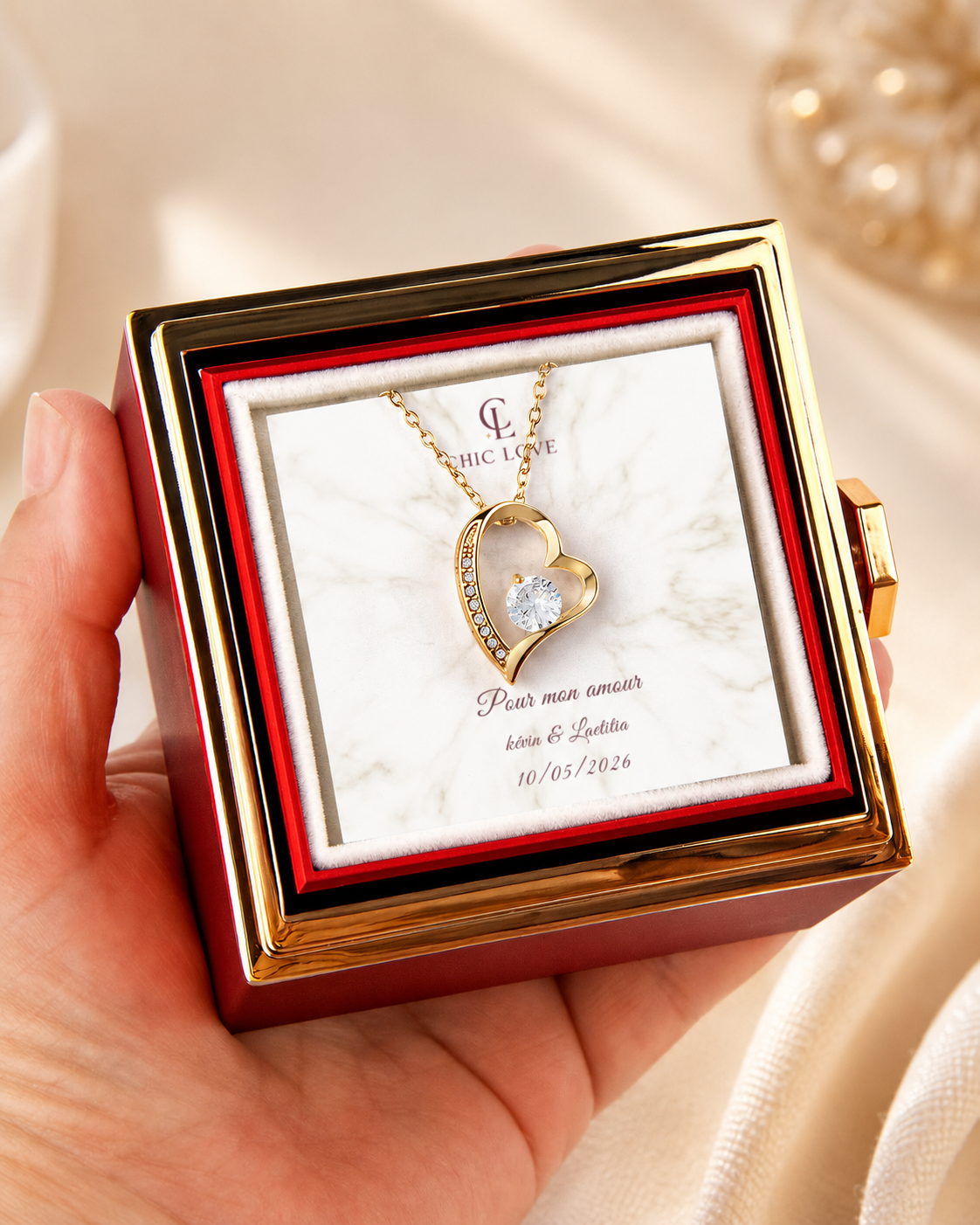 Coffret Rose Rotatif – Collier Amour Éternel personnalisé