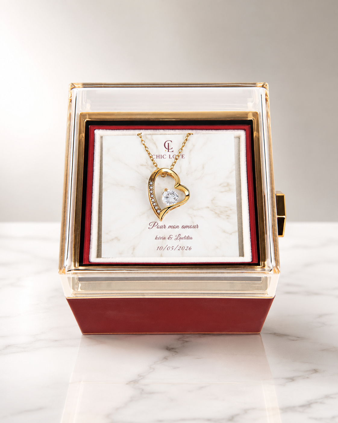 Coffret Rose Rotatif – Collier Amour Éternel personnalisé