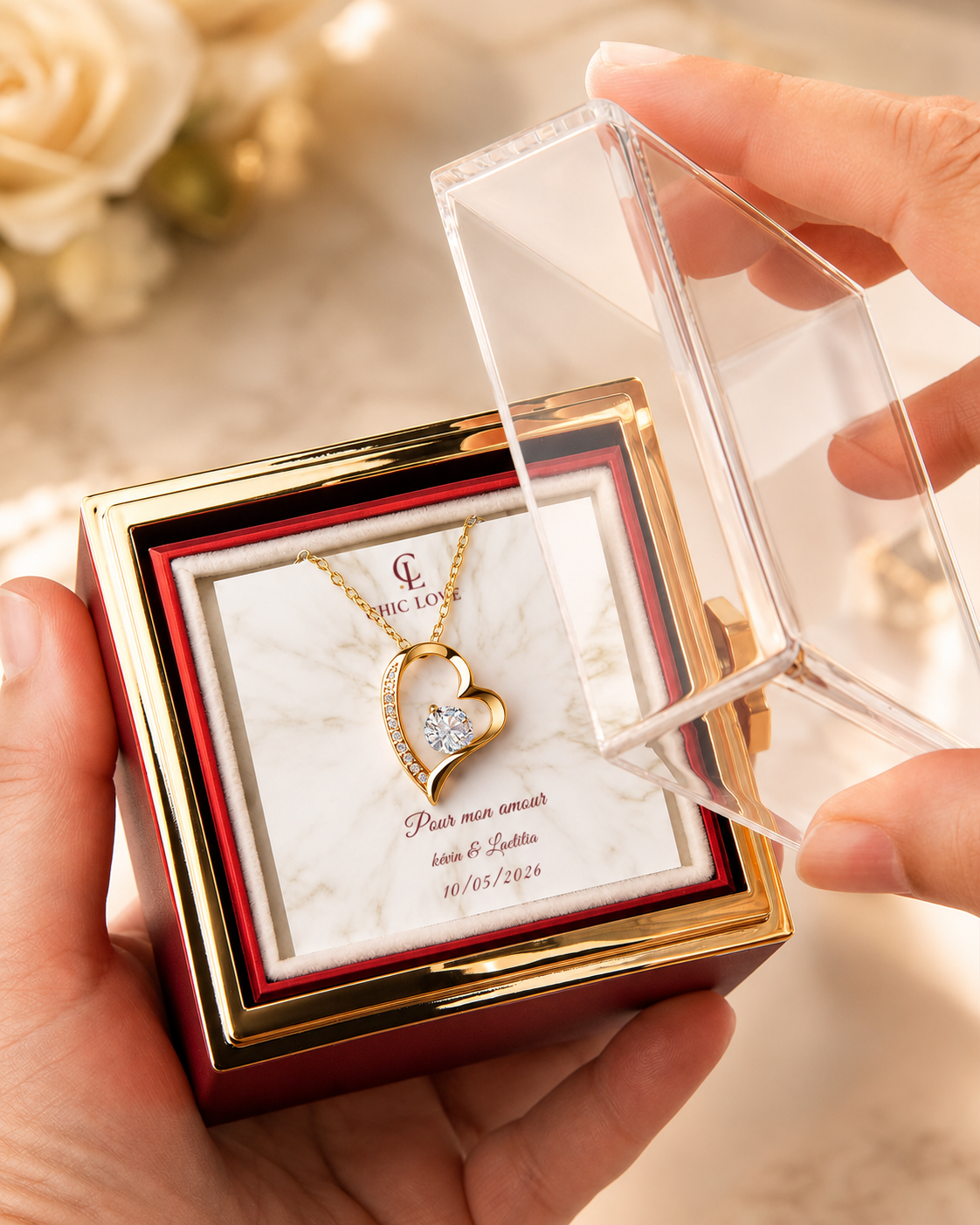 Coffret Rose Rotatif – Collier Amour Éternel personnalisé