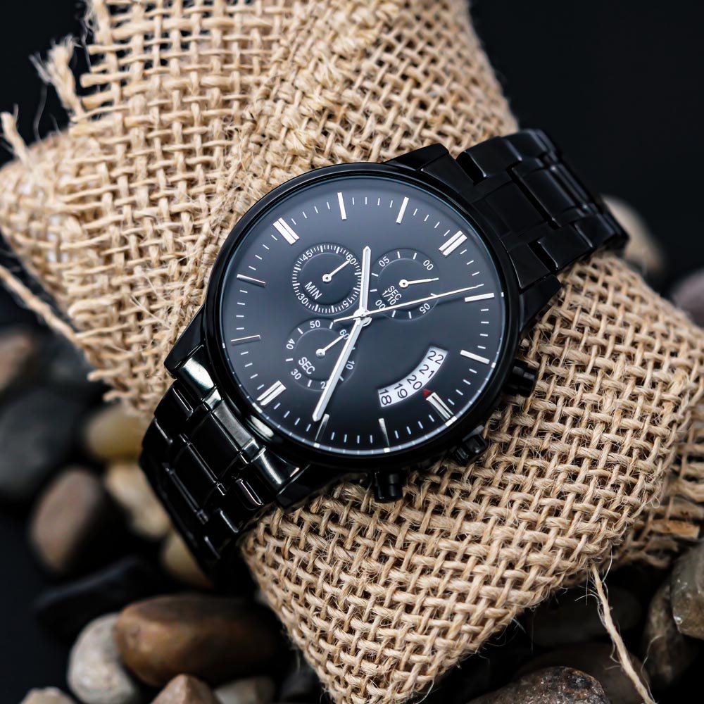 Black Chronograph Watch - custom back engraving