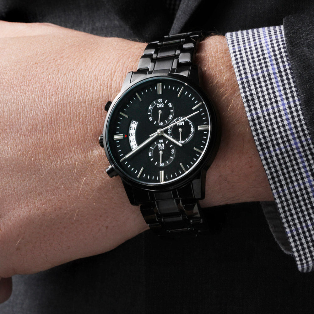 Black Chronograph Watch - custom back engraving