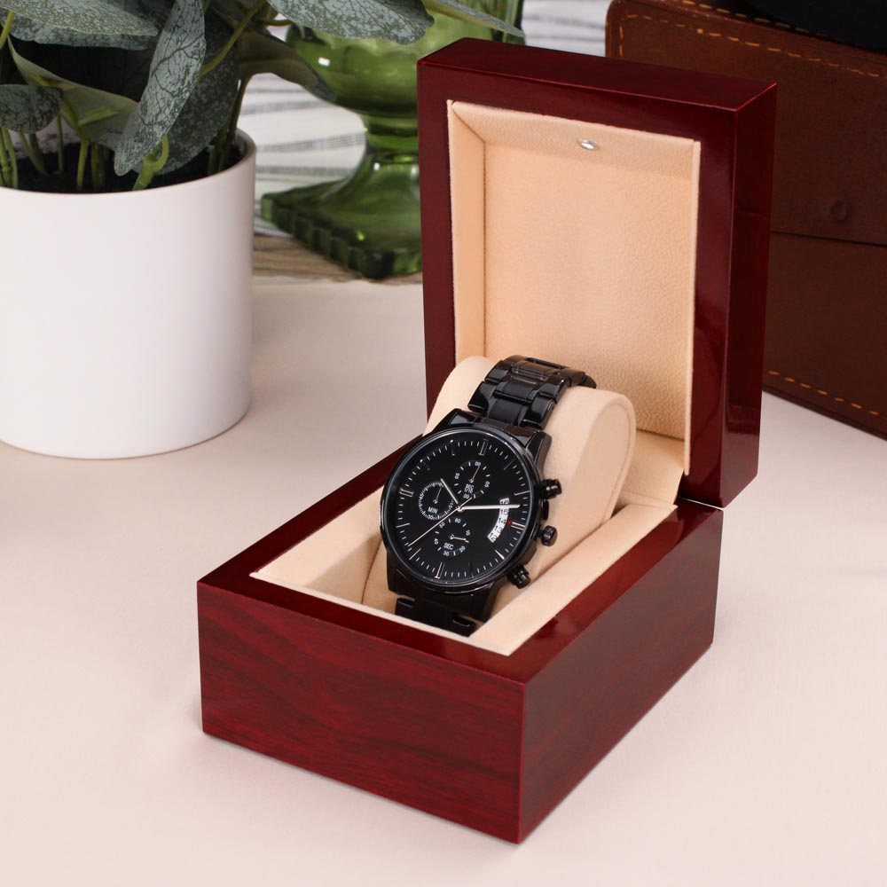 Black Chronograph Watch - custom back engraving
