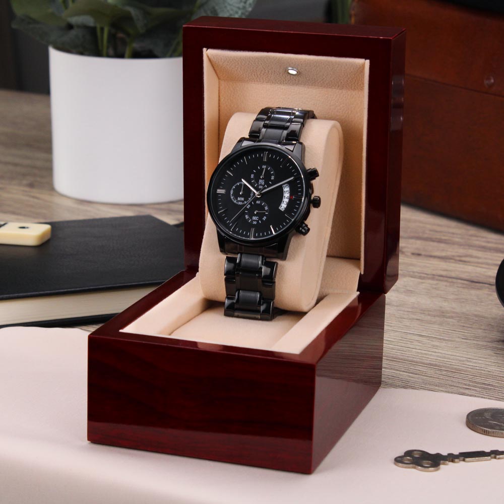 Black Chronograph Watch - custom back engraving