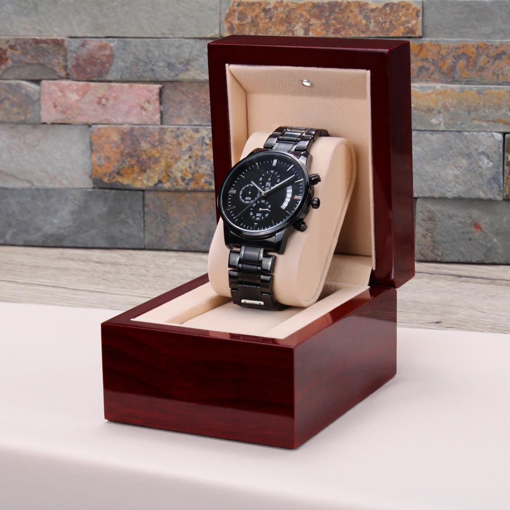 Black Chronograph Watch - custom back engraving