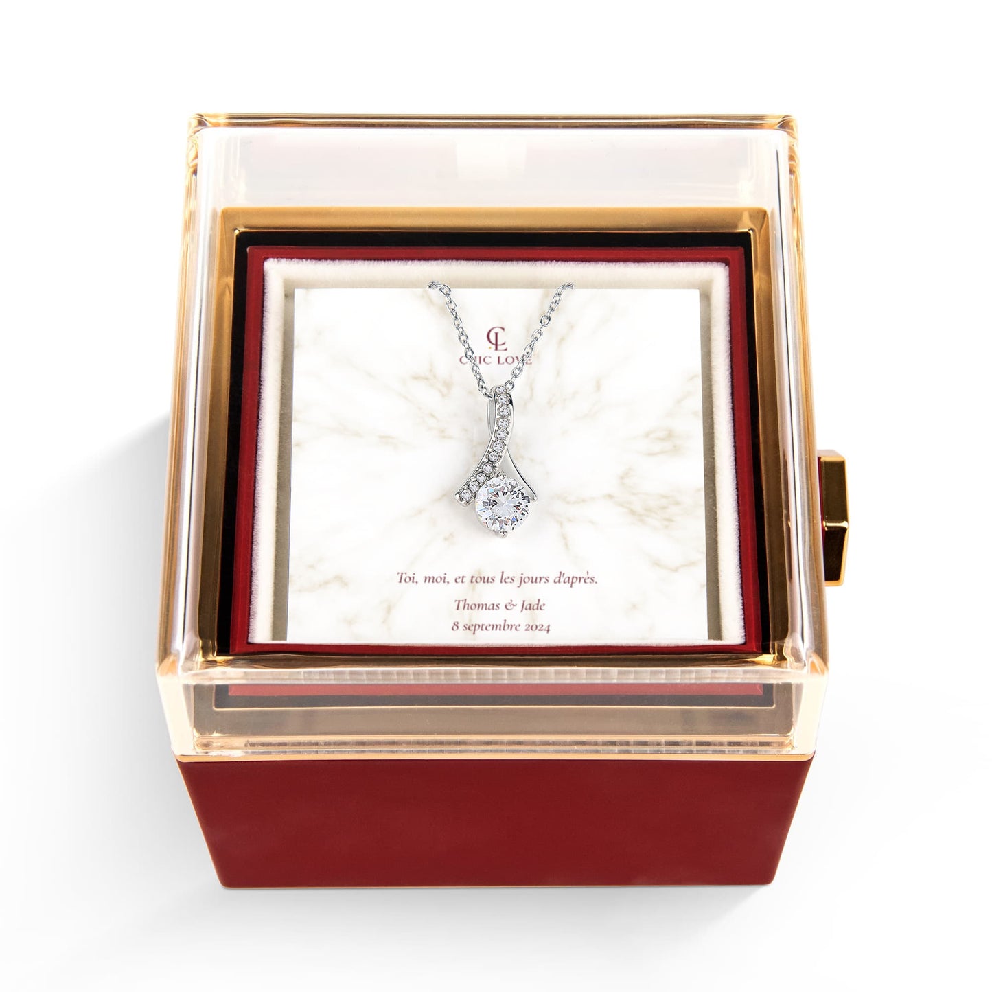Coffret Nœud d'Amour personnalisé – Collier & Rose Éternelle