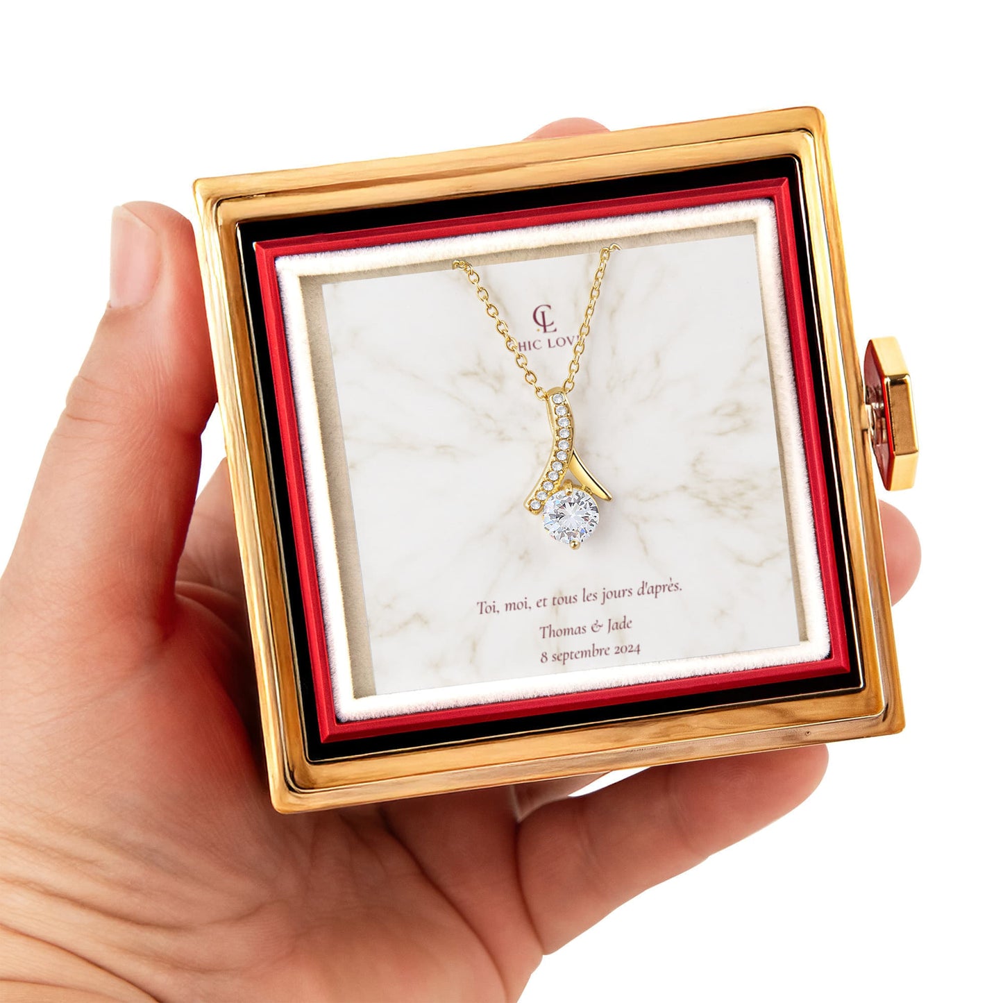 Coffret Nœud d'Amour personnalisé – Collier & Rose Éternelle