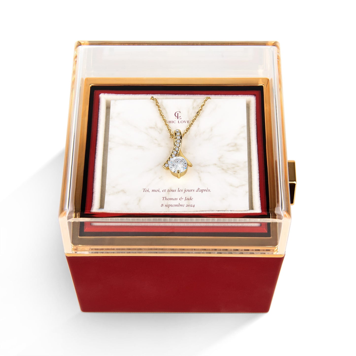 Coffret Nœud d'Amour personnalisé – Collier & Rose Éternelle
