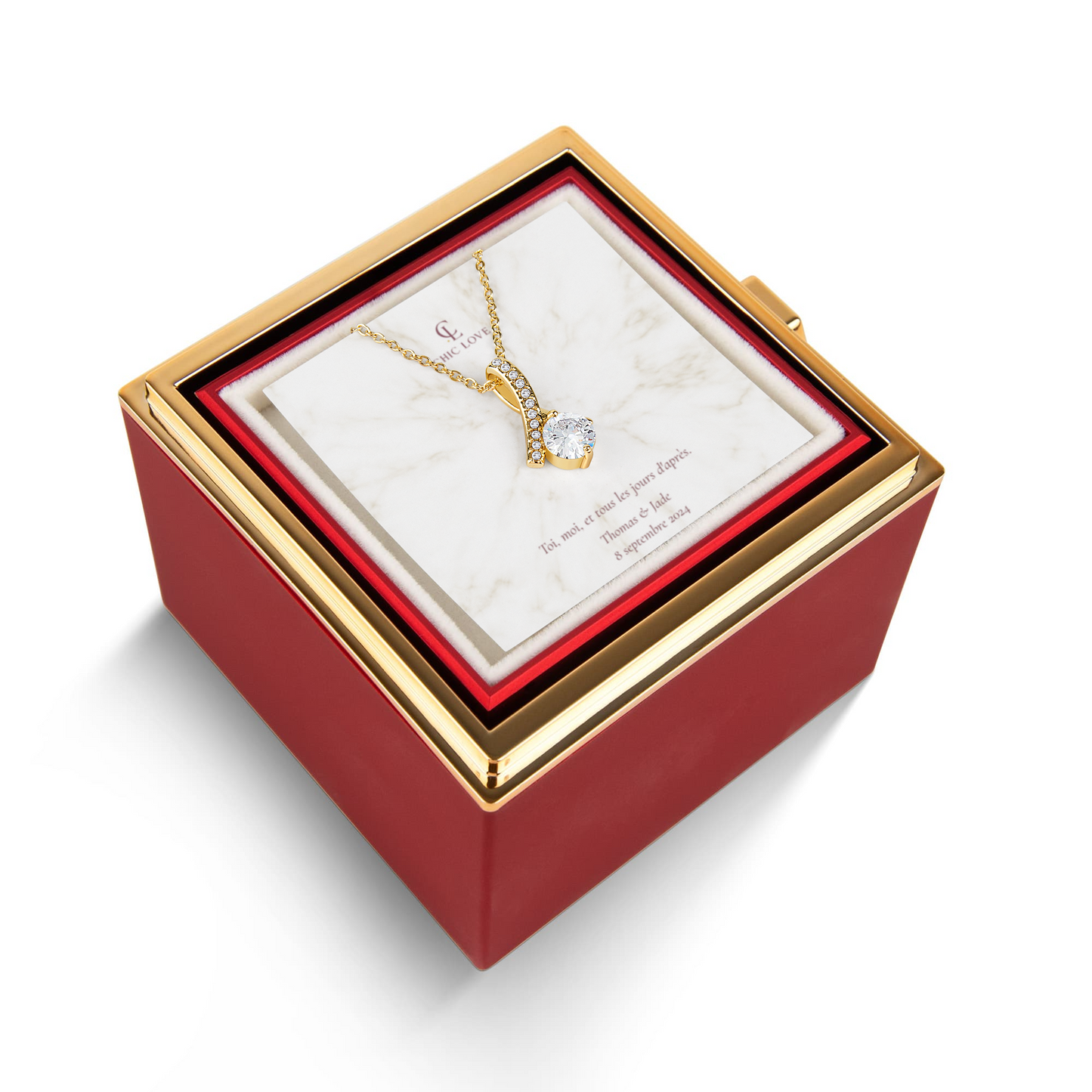 Coffret Nœud d'Amour personnalisé – Collier & Rose Éternelle