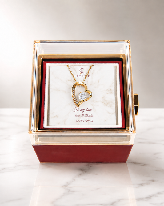 Rotating rose gift box with personalized gold necklace